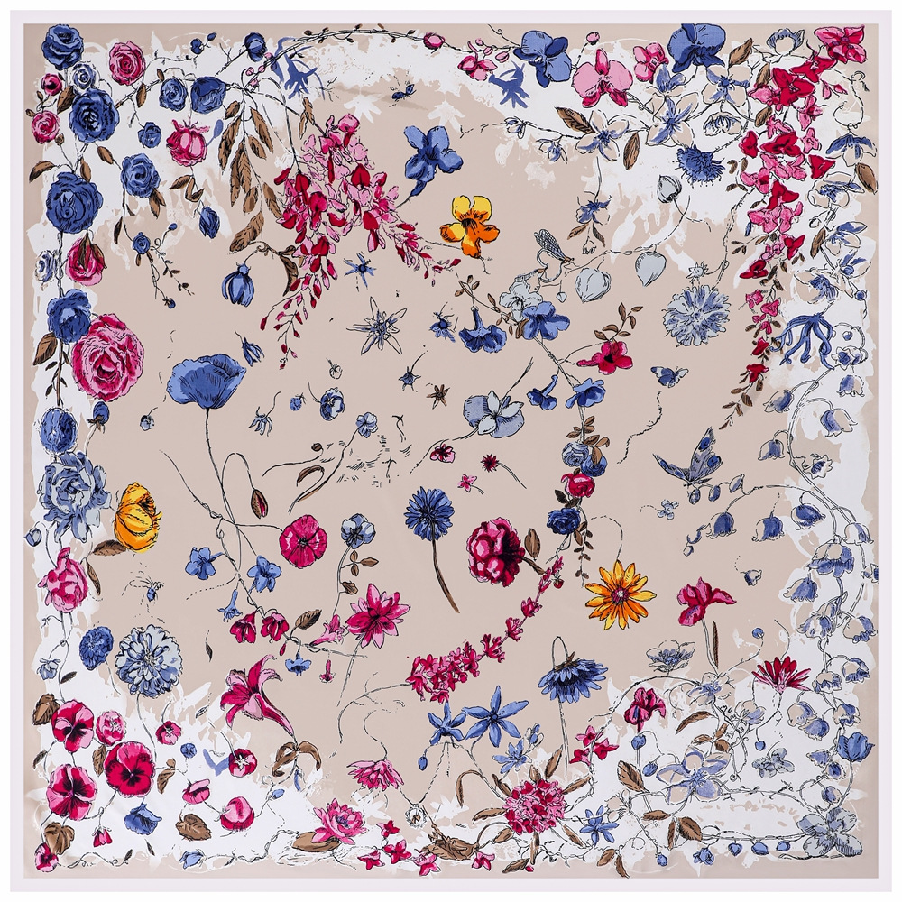 Foulard en Soie de Luxe 130x130cm pour Femme, Grand Châle Imprimé Fleurs, Écharpe Carrée, Bandana, Hijab, Foulards Féminins