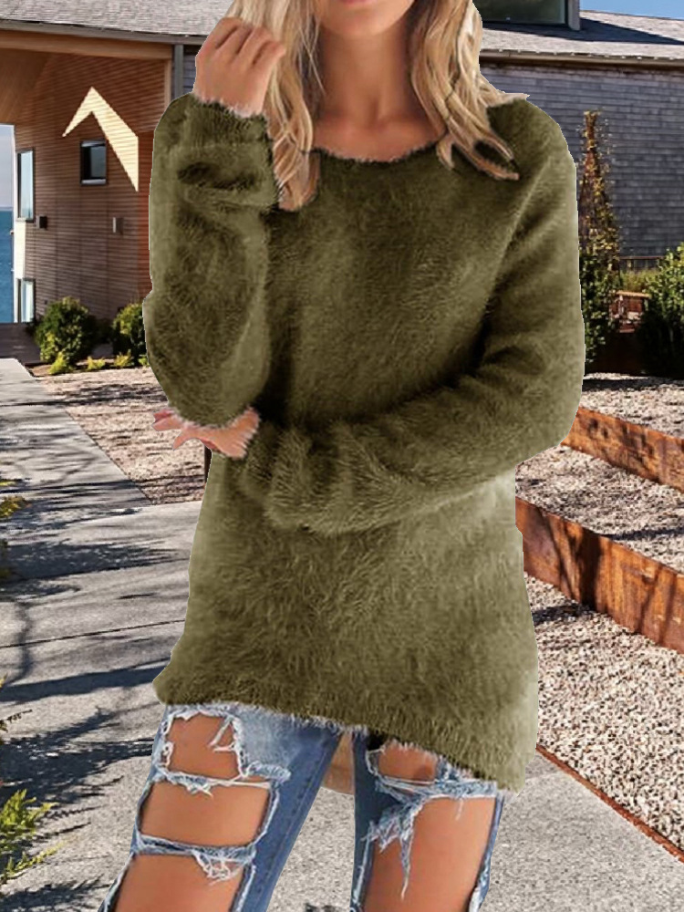 Chandails pour femmes confortable à manches longues col rond décontracté couleur unie Vintage tricoté femme élégant hiver pull chaud chandails