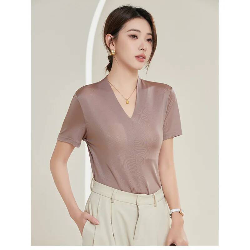 T-shirt sans couture Mulberry pour femme, double couche, col en V, manches courtes, doux, été