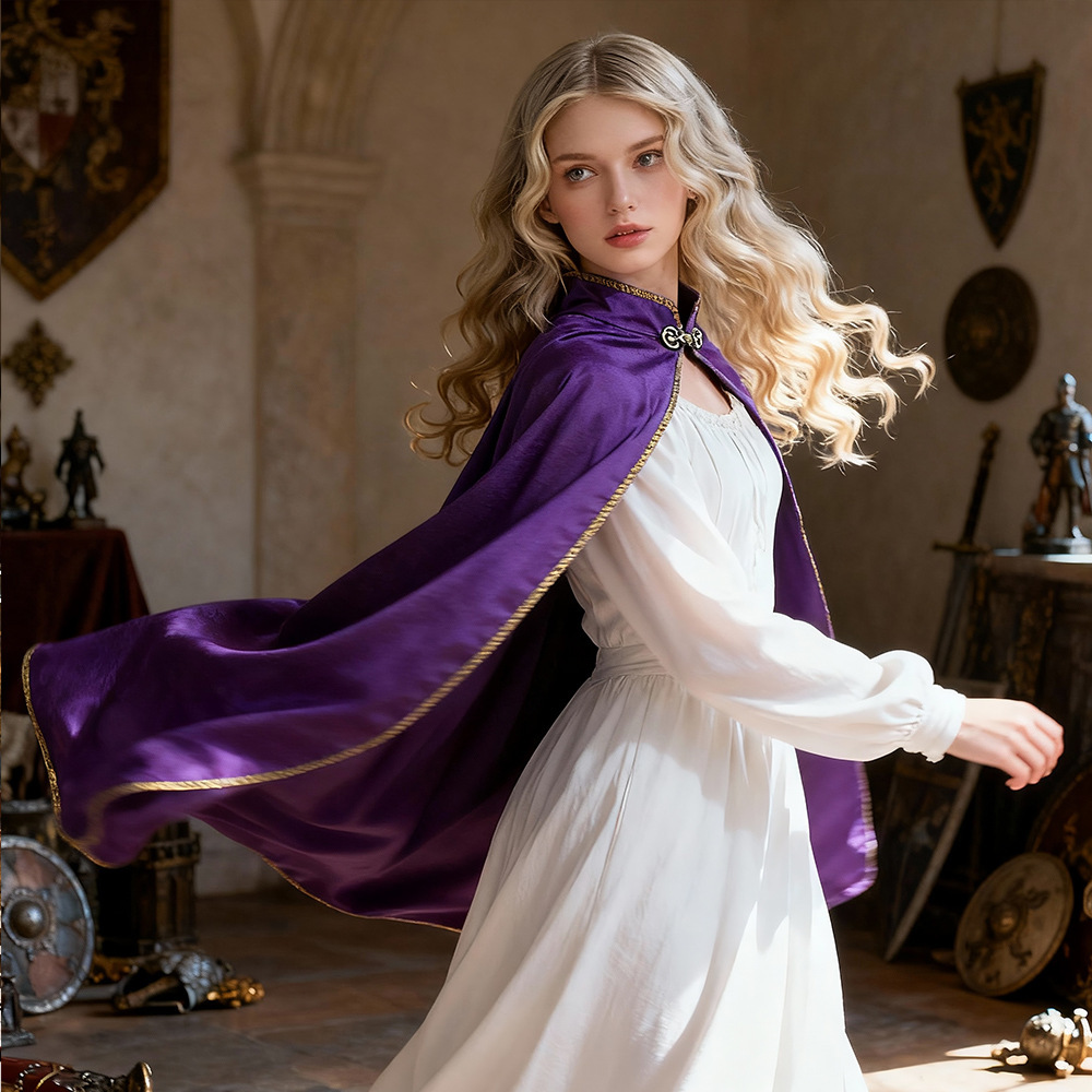 Robe de scène/cosplay unisexe en velours à col montant, style cape, multicolore, avec boucle métallique élégante et ourlet large