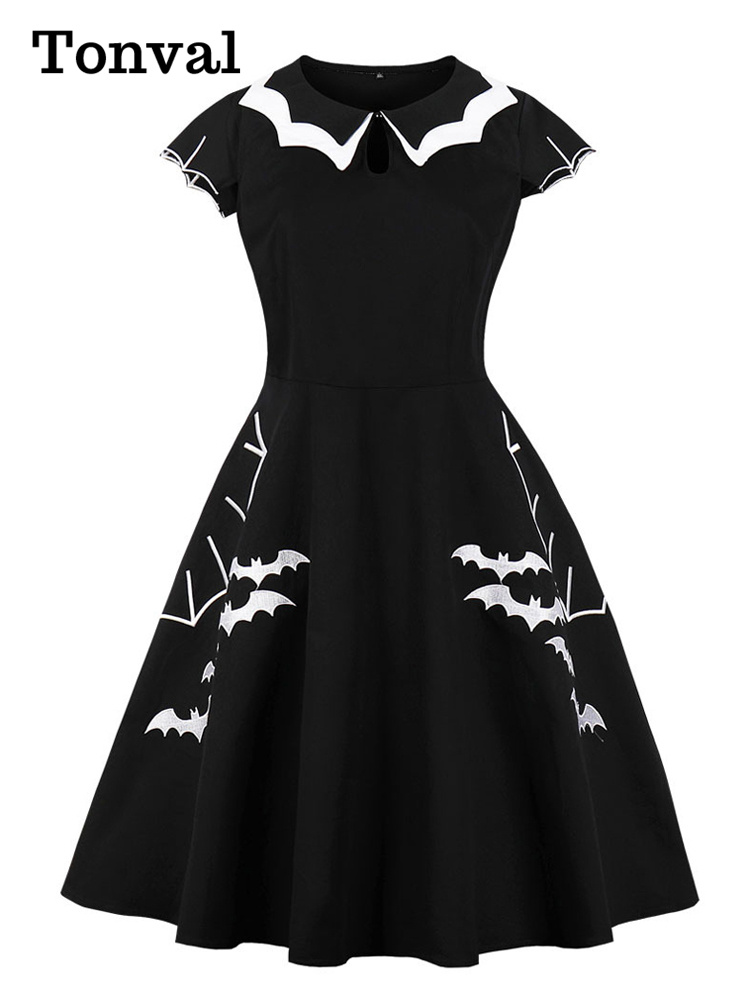 Tonval Robe Vintage de Fête d'Halloween pour Femmes, Broderie de Chauve-Souris, Manches Courtes, Décolleté en Goutte d'Eau, Robe Rétro Coupe Trapèze
