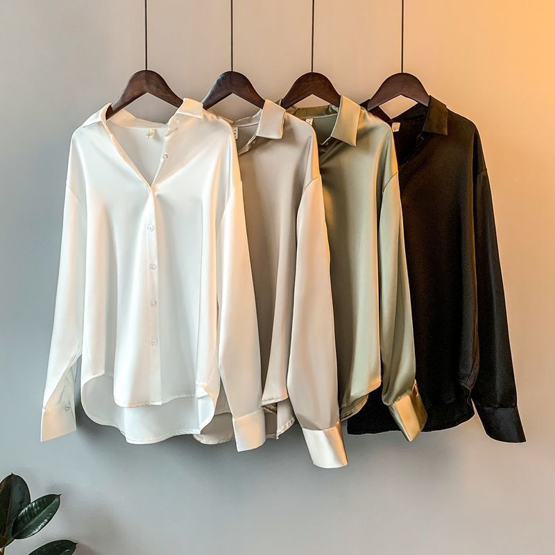 Chemises élégantes et luxueuses pour femmes, manches longues, chemisiers en satin, tenue de bureau pour femme, chemise ample boutonnée, haut blanc, nouvelle collection printemps-automne.