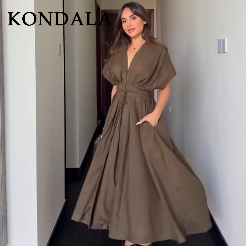 Robe Vintage Femme KONDALA Printemps-Été 2026 – Chic, Marron, Col V, Sans Manches, Drapée, Boutonnage Simple avec Ceinture