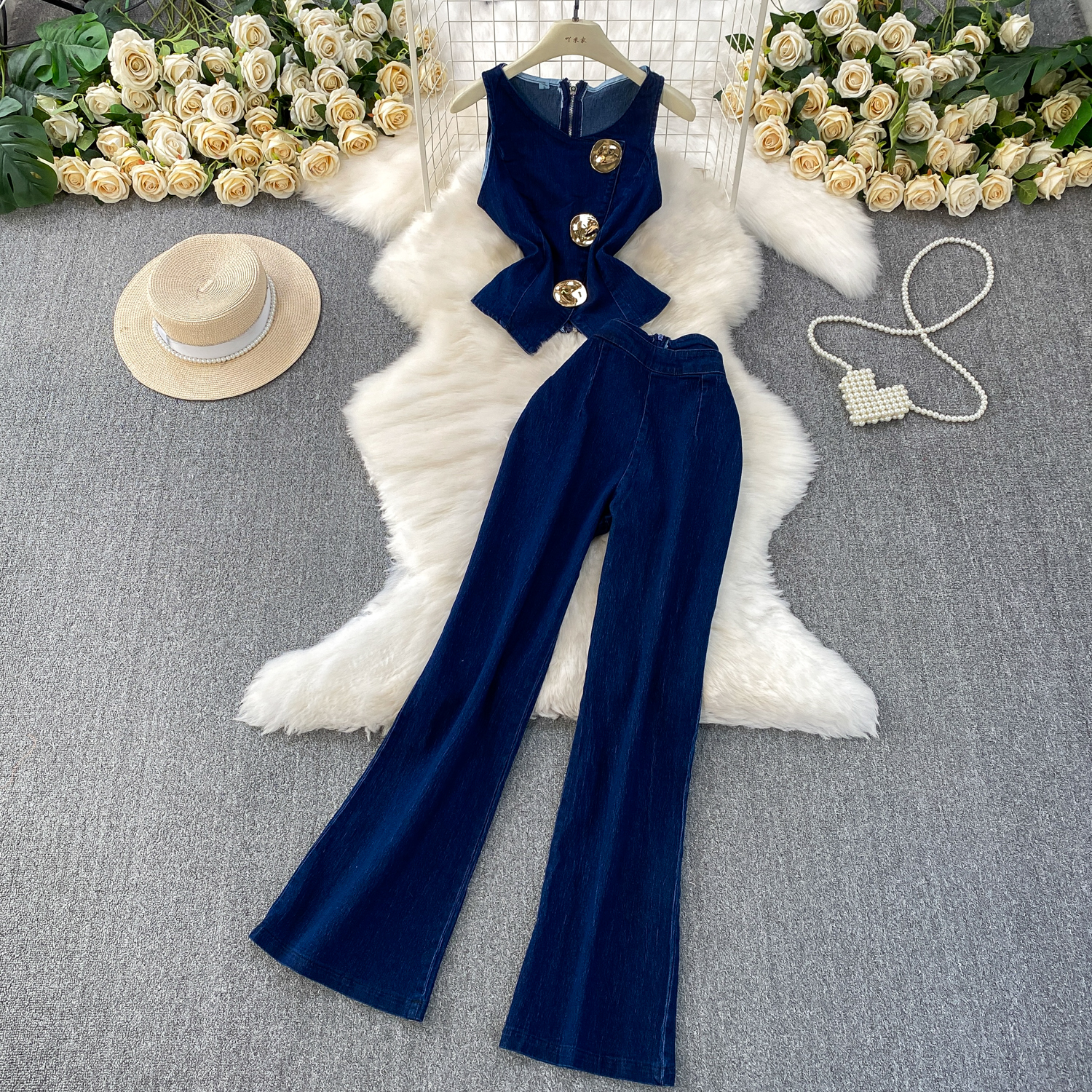 Ensembles 2 Pièces en Jean pour Femme : Gilet Sans Manches et Pantalon Large en Jean Délavé, Style Streetwear Vintage, Tenue d'Été