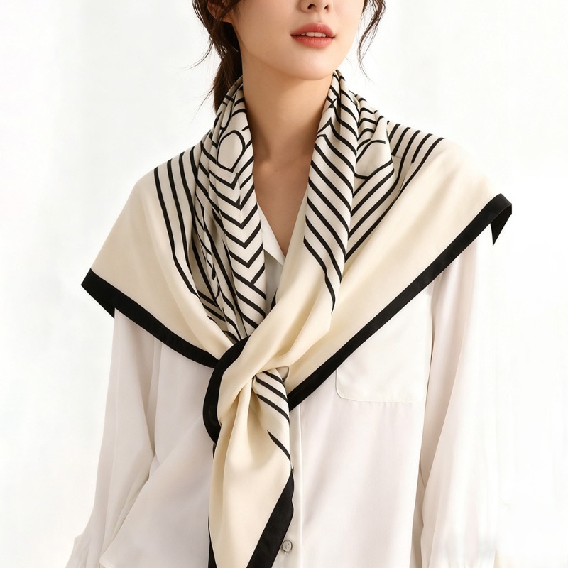Écharpe en soie 100% à rayures géométriques noires et blanches pour femmes, foulard carré en satin de luxe, bandeau multifonctionnel, accessoires pour sac