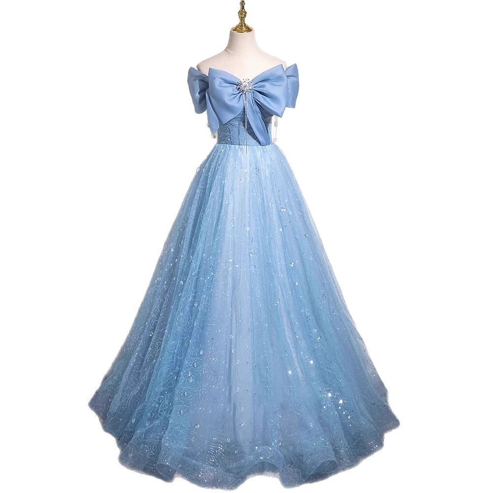 Robe de soirée élégante en Tulle bleu pour femmes, asymétrique épaule dénudée, robe de mariée élégante pour cérémonie de recital de Piano