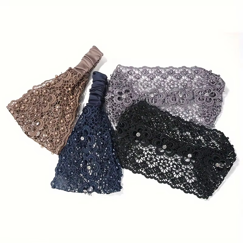 Bandeau amissié en polyester avec dentelle florale, élégant, avec perles, élastique, ensemble d'accessoires pour cheveux, motif