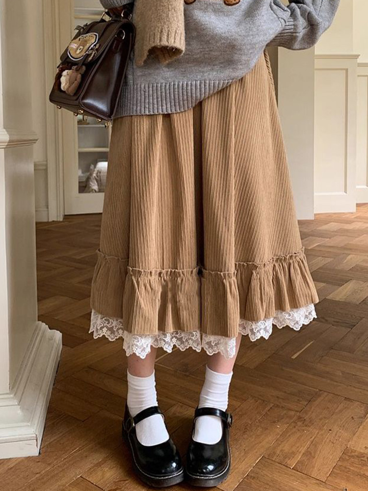 Printemps doux mignon jupe longue femmes Vintage Preppy Style dentelle Patchwork Kawaii jupes japon rétro décontracté dame élégante jupes longues