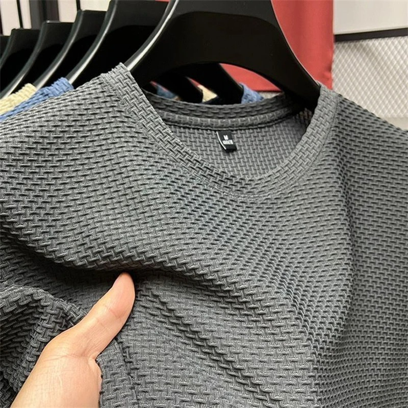 T-shirt en maille de soie glacée pour homme, à manches courtes et col rond, fin, couleur unie, pour l'été, style sport