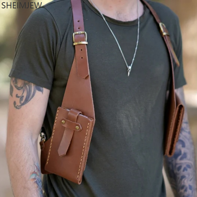 Mode Double bretelles multi-poches hommes en plein air antivol poitrine sac médiéval en cuir multi-fonction sac à bandoulière Walle