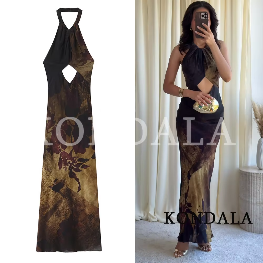 Robe longue KONDALA pour femme, imprimé vintage tendance, sans manches, dos nu, style halter, nouvelle mode été 2026, idéale pour les vacances et les soirées à la plage