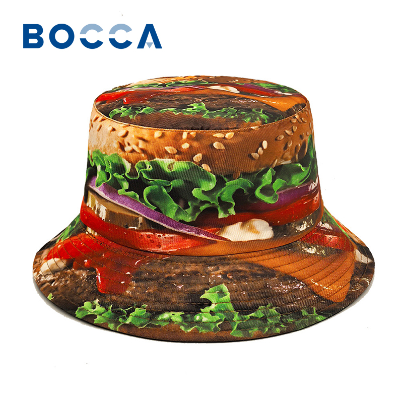Bocca Hamburger impression seau chapeau motif alimentaire pêcheur chapeaux emplacement conception Panama casquette pour hommes femmes drôle extérieur crème solaire