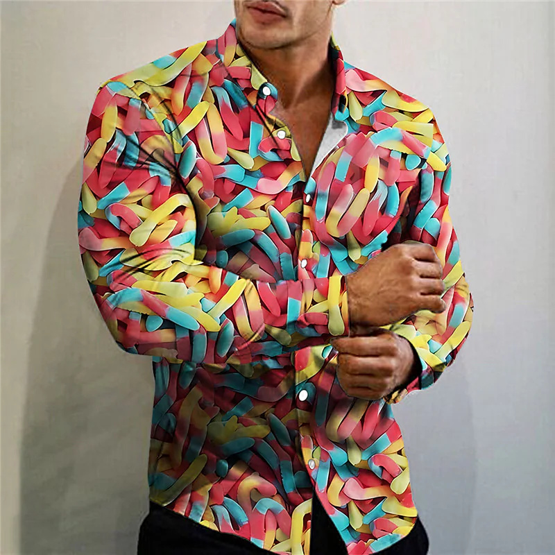 Chemise à manches longues à motif alimentaire pour hommes, revers imprimé, vêtements de rue décontractés, mode de créateur de rue, vêtements d'extérieur roses