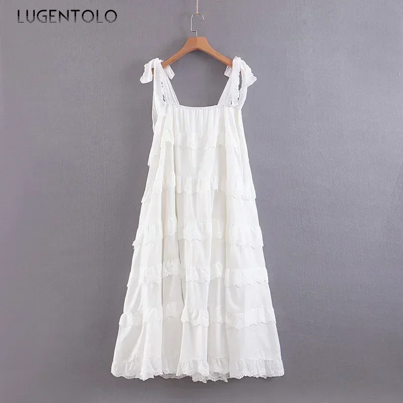 Robe longue femmes bohème gâteau couche grande balançoire solide sans manches volants Spaghetti sangle bretelles femmes robes Lugentolo