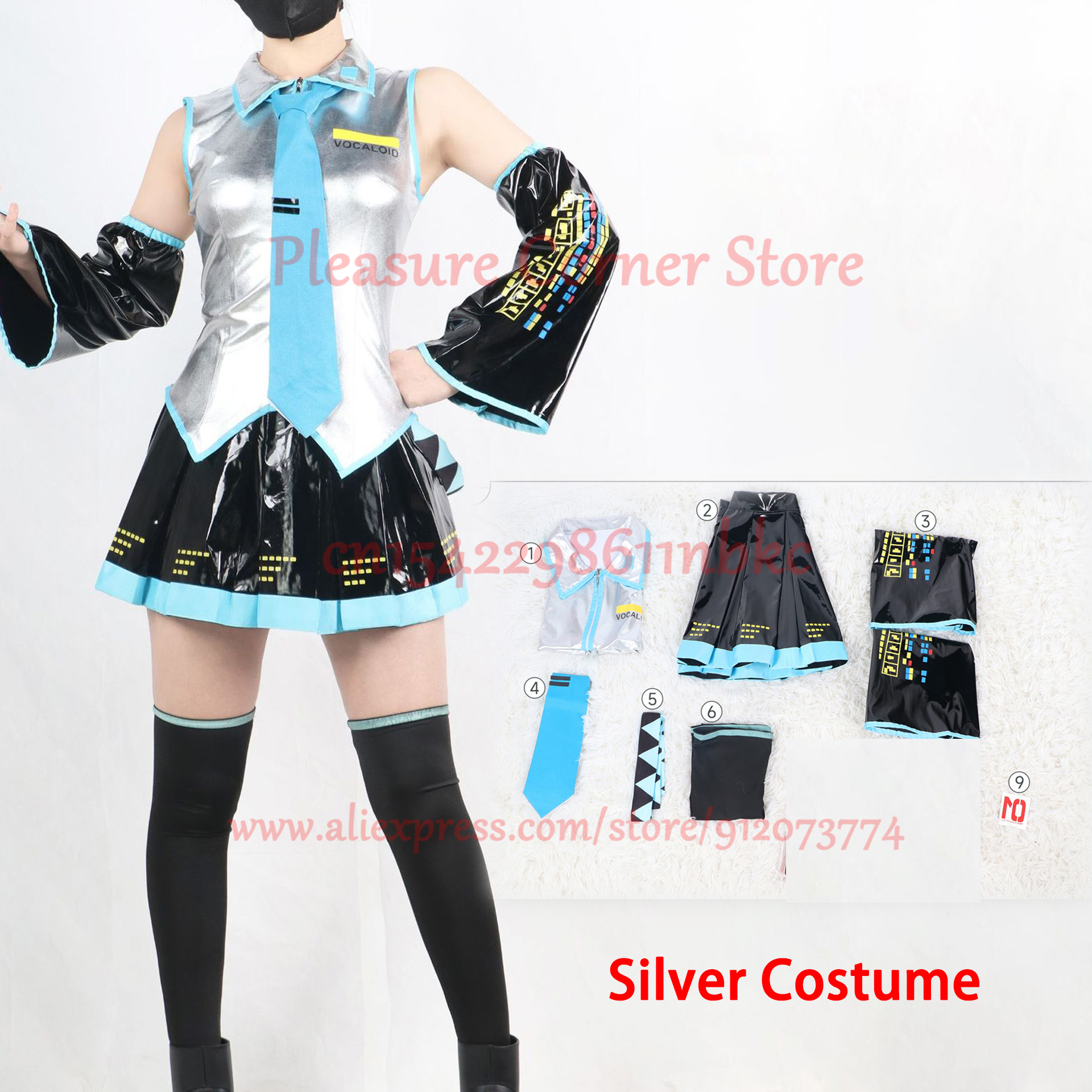 Costume de Cosplay Miku, ensemble complet en tissu cuir argenté, couvre-chef de Cosplay, tenue de Costume, robe de marin JK, uniforme scolaire