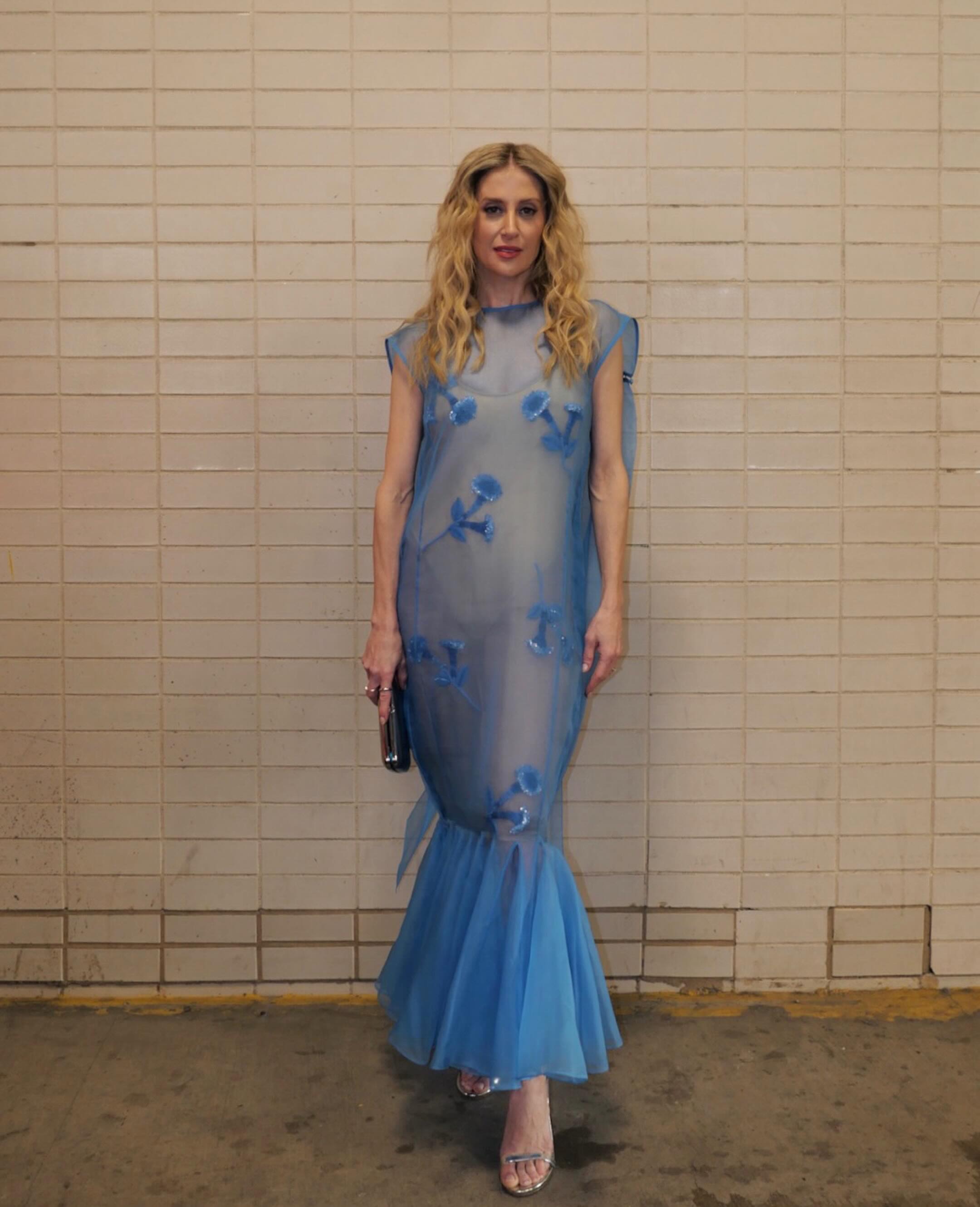 Nouvelle Robe Longue Élégante pour Femme en Maille Bleue, Col Montant, Broderie Florale, en Chiffon et Tulle, Robe de Soirée Formelle