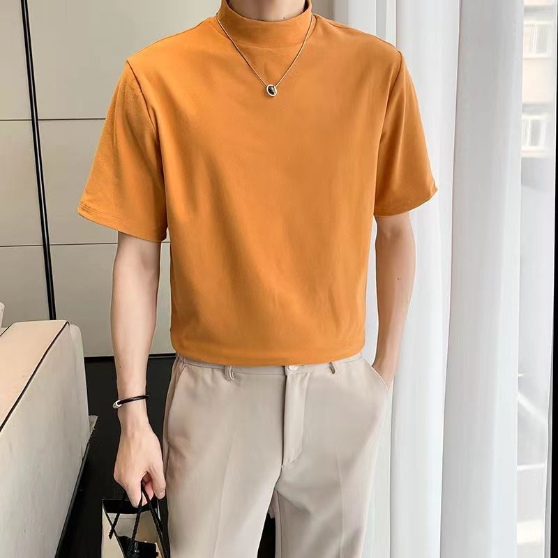 ChimFashion-T-Shirt à Manches Courtes pour Homme, Vêtement à Col Mi-Haut, Solide, Respirant, Slim, Simple, Décontracté, Polyvalent, Collection Été