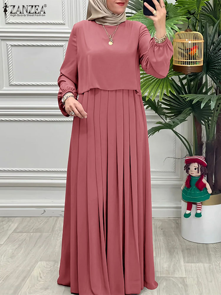 Robes Patchwork Printemps Femme 2026 ZANZEA Abaya Musulmane Élégante à Manches Longues Unie Plissée Robe d'été Vêtements Islamiques
