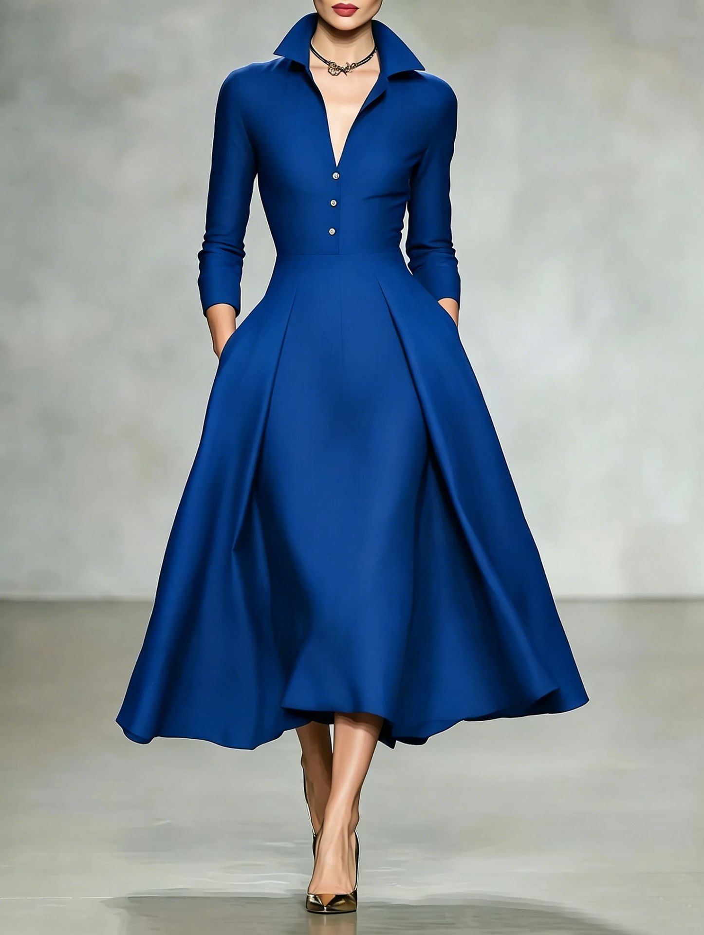 Robe midi élégante pour femmes, automne-hiver 2026, col en V, manches longues, taille cintrée, robe de bureau tendance