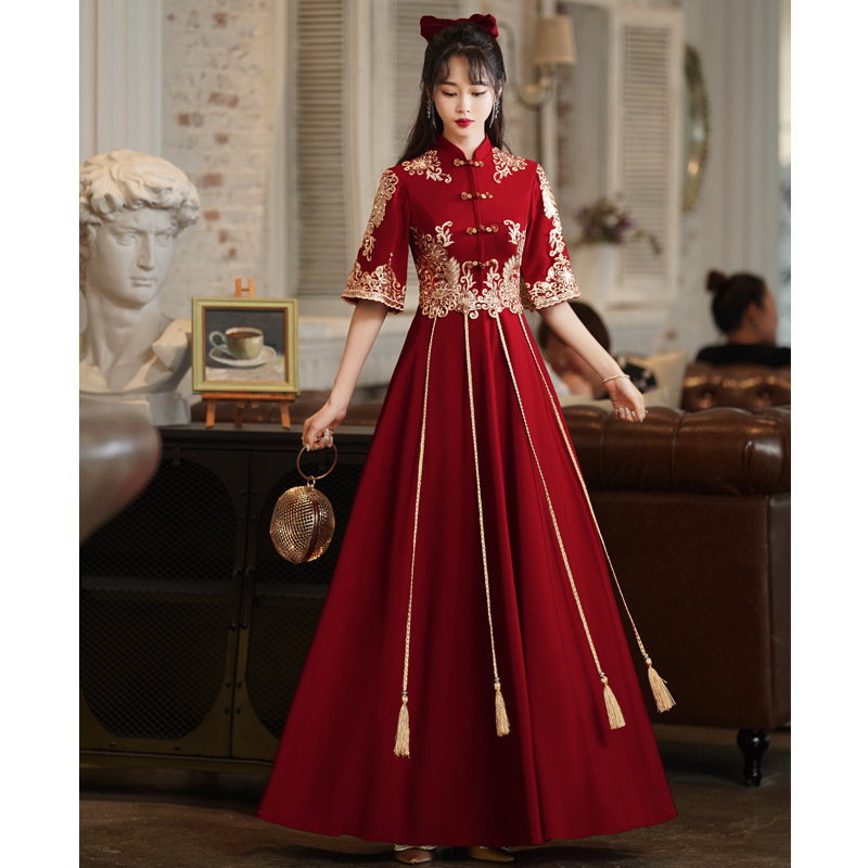 Robe Qipao longue en Satin pour femmes, bordeaux, Cheongsam, Style chinois, élégante, Sexy, Slim, XS-XXXL