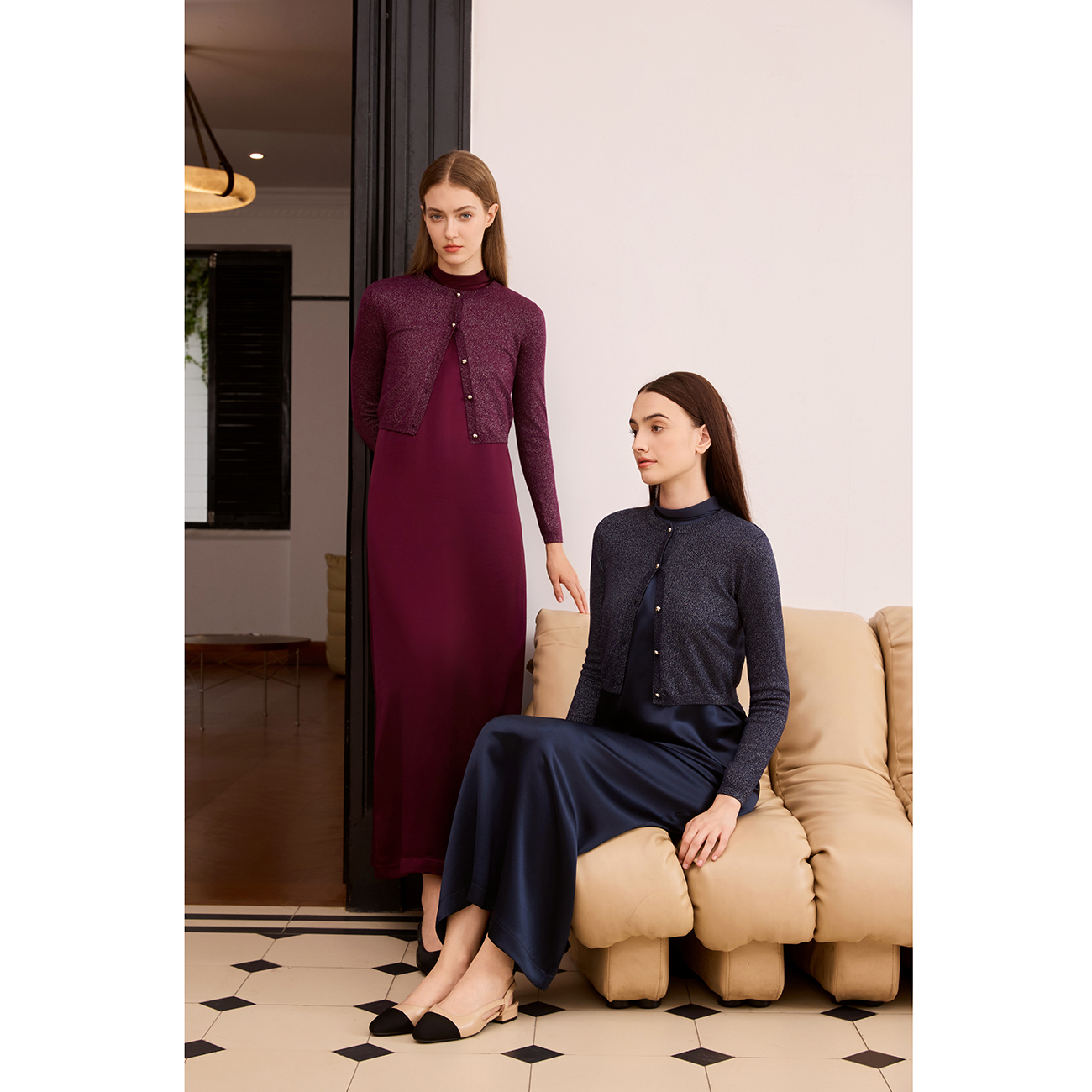 AP femmes 2026 automne et hiver chemise modale et col rond acétate Satin robe Maxi Lurex Cardigan haute qualité dame vêtements