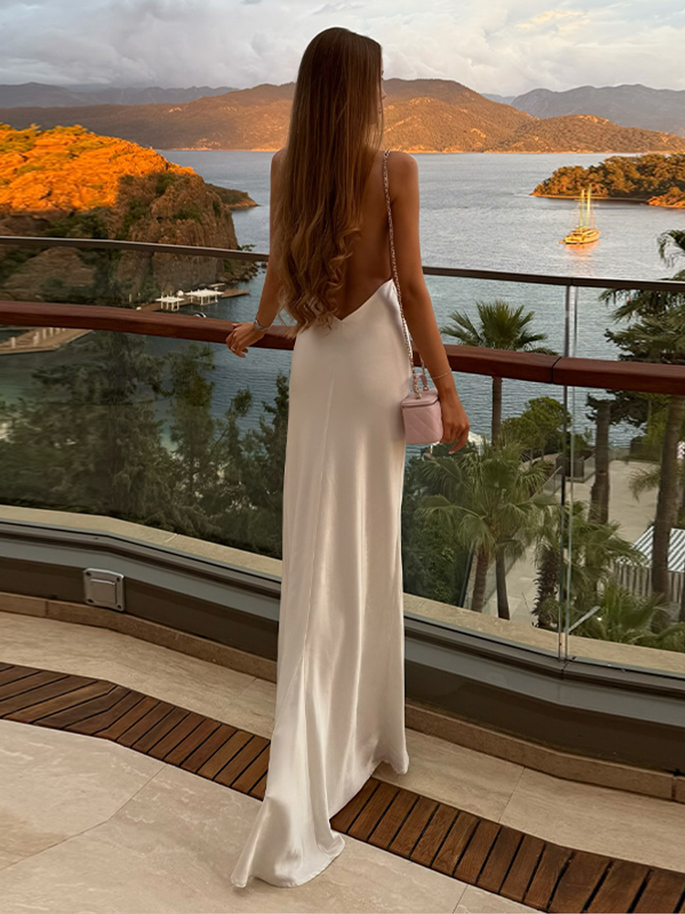Nouvelle Robe Longue Élégante en Satin pour Femme, Dos Nu, Fente Haute, Col en V, Sans Manches, pour Soirée et Cérémonie, Été 2026, Unie, Coupe Ajustée