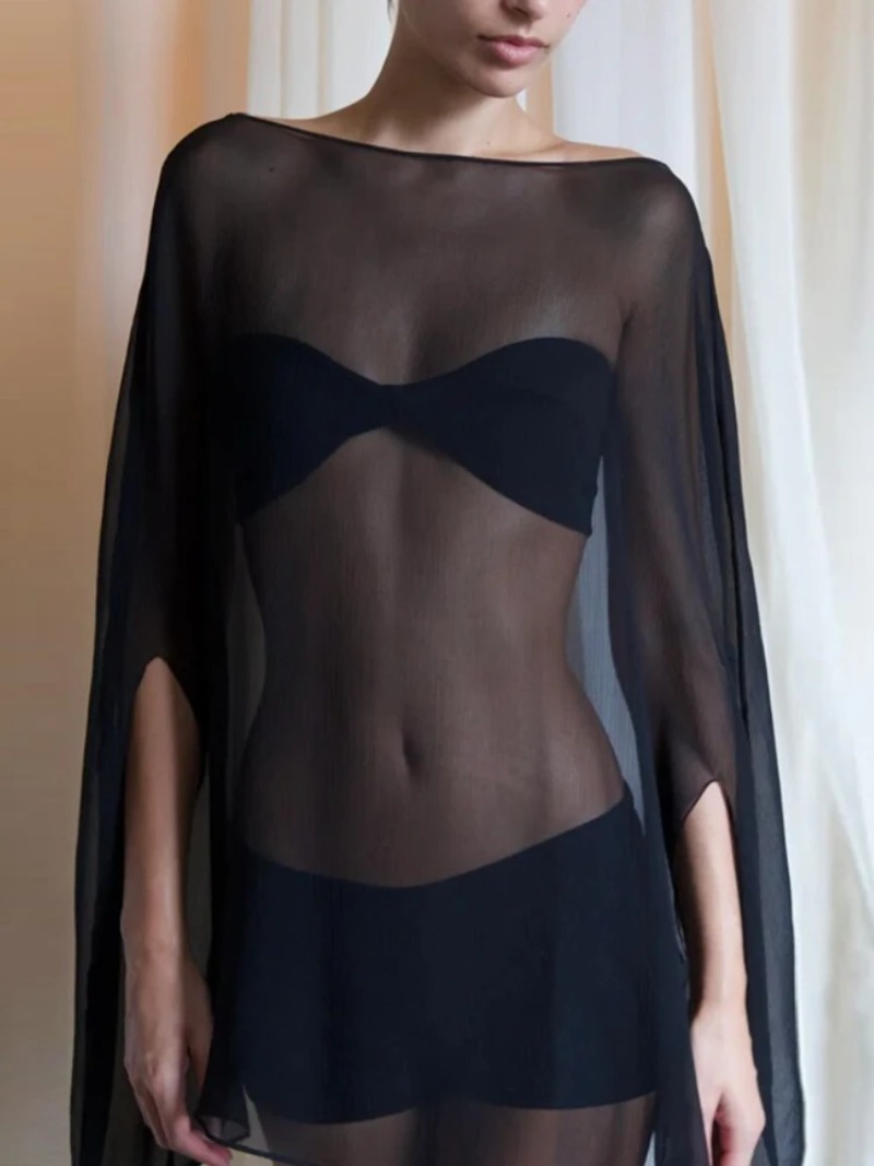 Femme vêtements transparent en mousseline de soie Blouses Sexy mode solide couvertures dames élégant boîte de nuit hauts blanc noir Streetwear