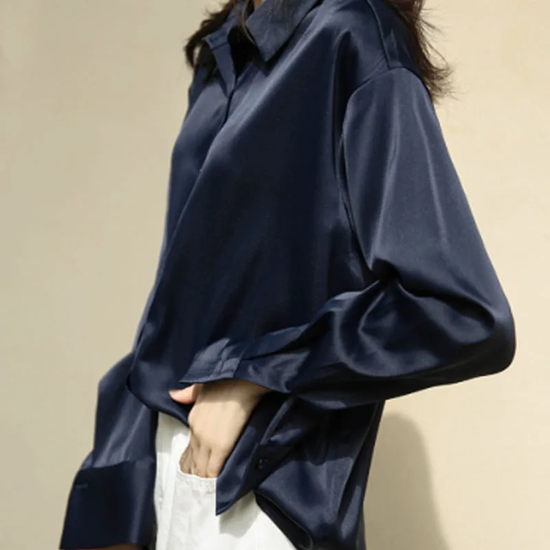 Chemisier ample élégant en satin pour femme 2026, col rabattu, style vintage décontracté, boutonné, en soie, pour le printemps et l'automne