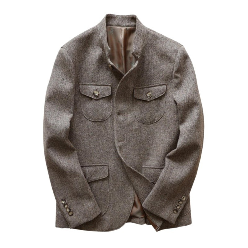 Blazer Homme Vintage en Tweed Chevrons, Mélange de Laine Britannique, Double Boutonnage, Léger, Décontracté, Veste de Sport Formelle