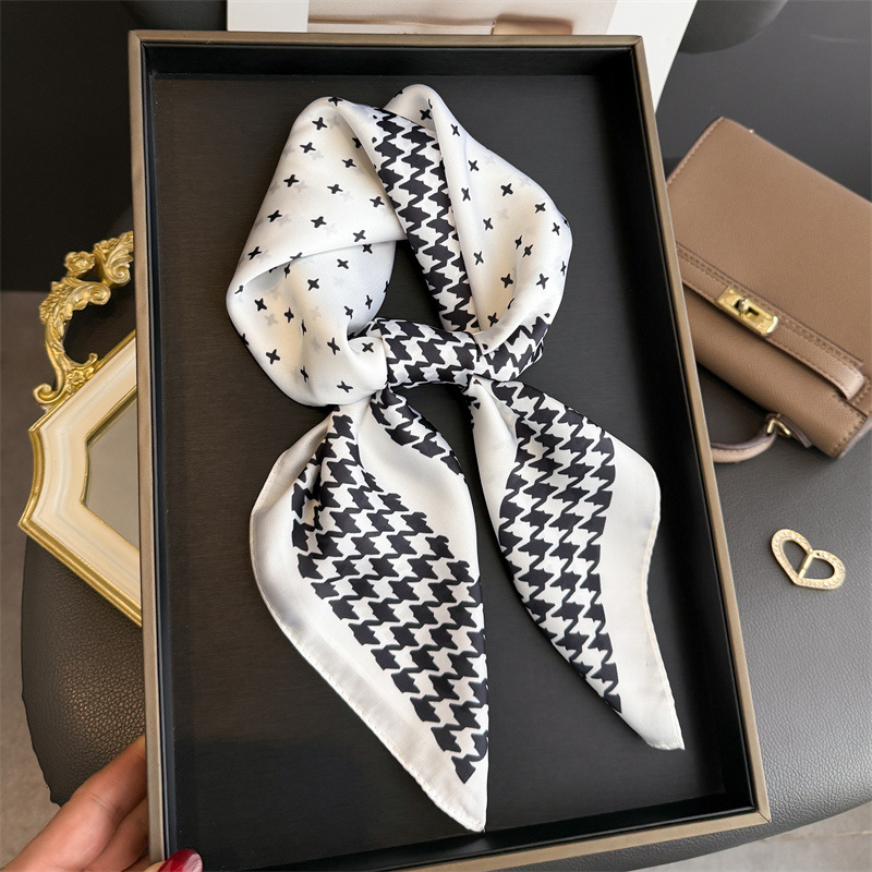 Écharpe carrée de luxe à motif pied-de-poule pour femme, élégante, imprimée, hijab, foulard, châle, couleur unie, en soie douce et résistante aux taches