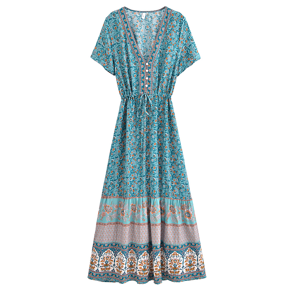 Robe de plage bohème à imprimé floral vintage pour dames, robe d'été Maxi, col en V croisé, robe Mod ie, robe éducative, ceintures de dîner