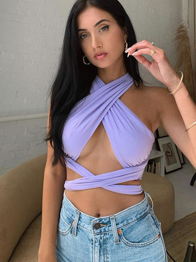 Femmes à bretelles croisées sur le devant découpées licou cou sans manches dos nu enveloppement haut court bandeau gilet été Sexy hauts femme vêtements