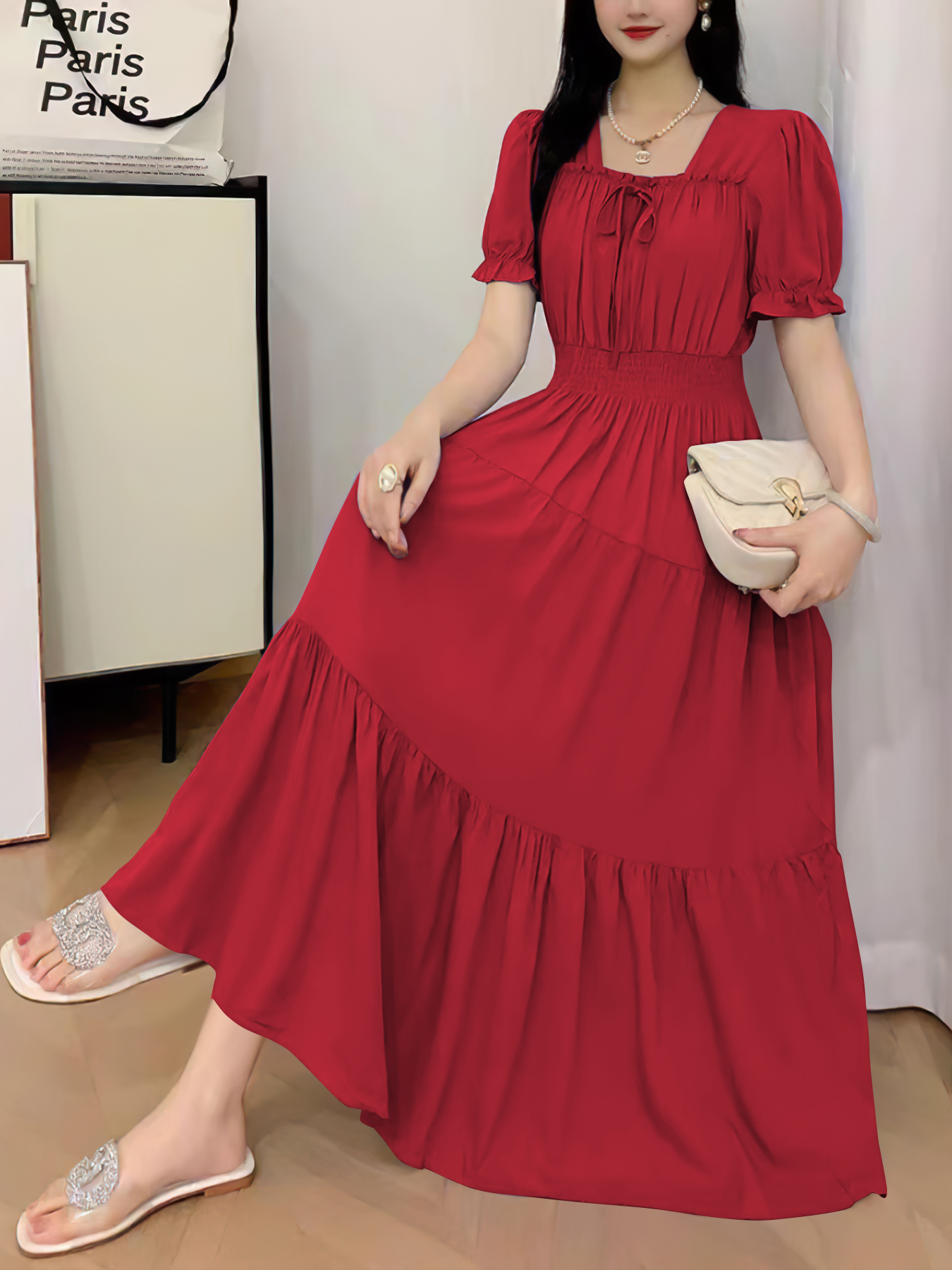 Robe midi décontractée pour femme, manches bouffantes, taille haute, chic, à porter au quotidien pour toutes les occasions, style élégant pour les femmes soucieuses de la mode