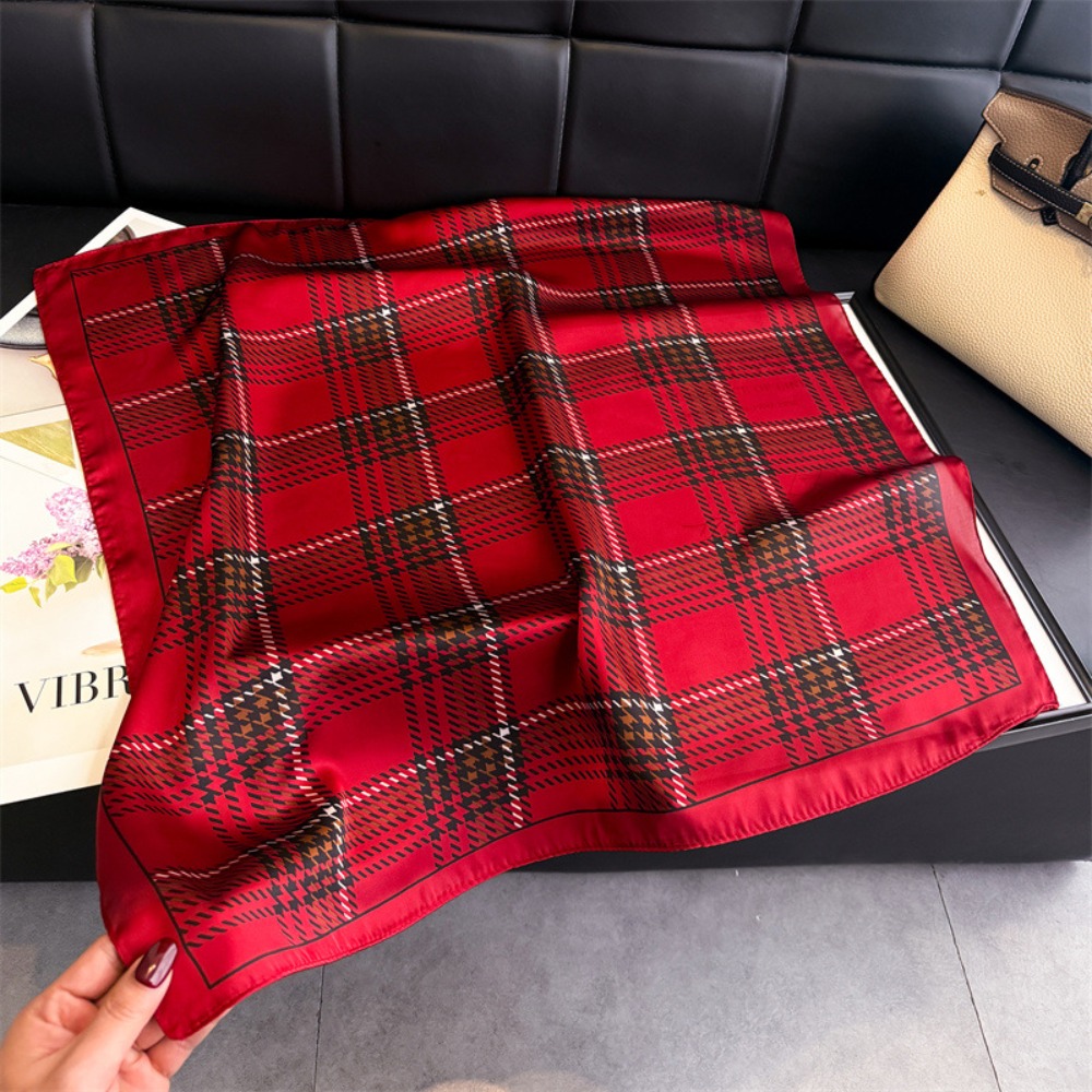 Nouveaux Foulards Carrés pour Femme, Effet Soie, Imprimé Carreaux, Bandeau Cheveux, Ruban, Écharpes et Châles Printemps