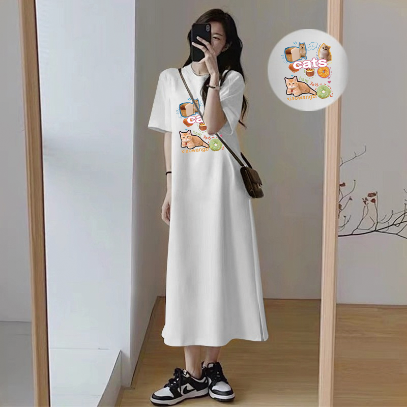 Robe longue décontractée d'été pour femmes, imprimé chats, style coréen, ample, à manches courtes, avec fentes latérales