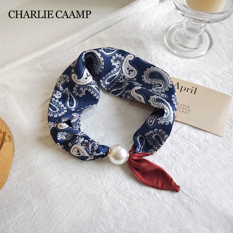 Foulard carré en soie de luxe pour femmes, mouchoir imprimé, collier de perles, boucle magnétique, enveloppes de cou, foulards croisés, Triangle