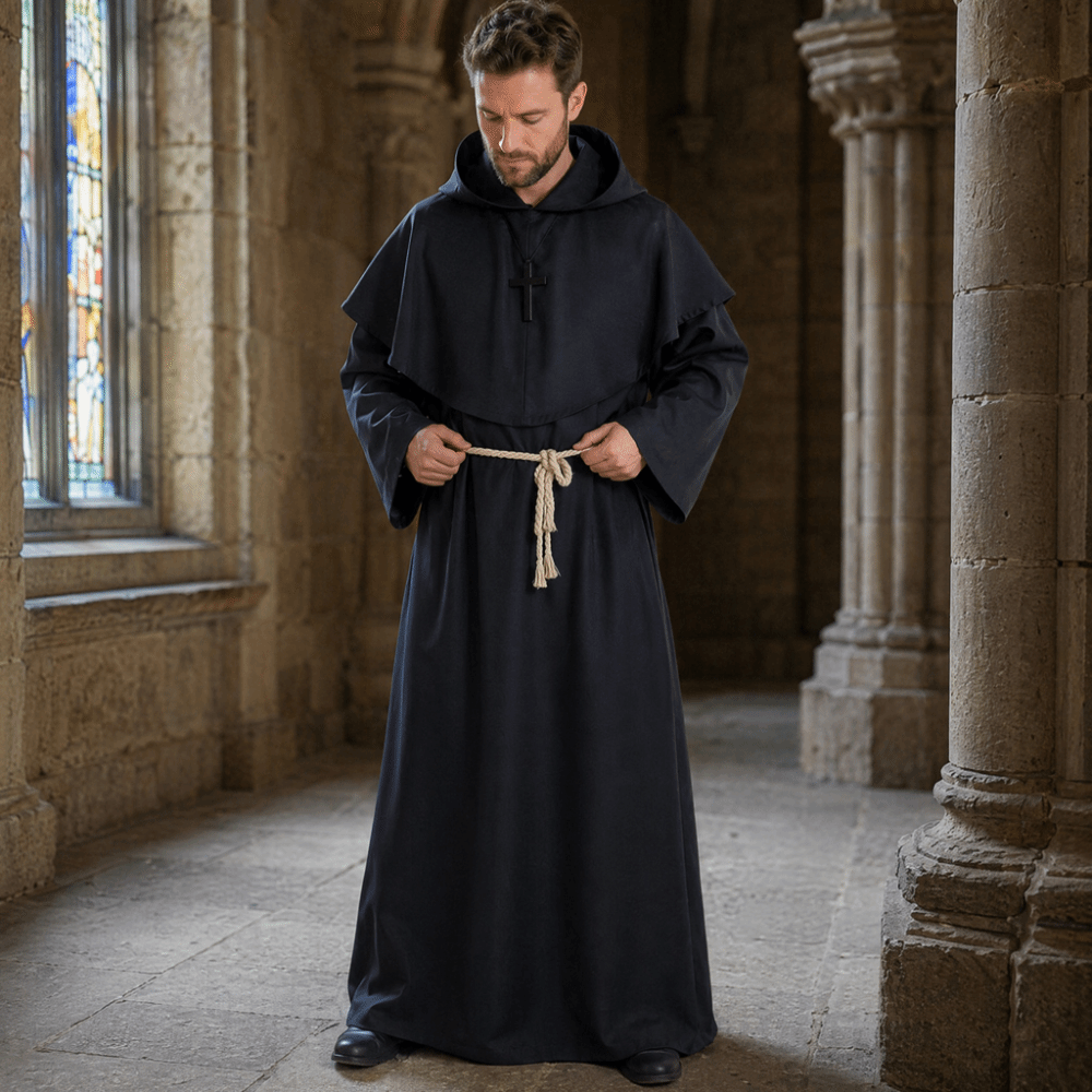 Robe de moine médiévale à capuche, ornée d'une croix rétro, costume de cosplay d'Halloween, cape à capuche avec cordon de taille, costume de sorcier ou de prêtre