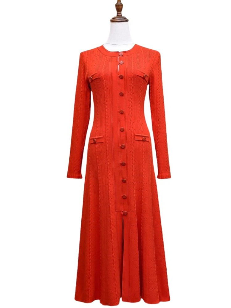 Robe tricotée française pour femmes, automne hiver, manches longues, moulante, Vintage, manches longues, simple boutonnage, ajourée, longue Robe