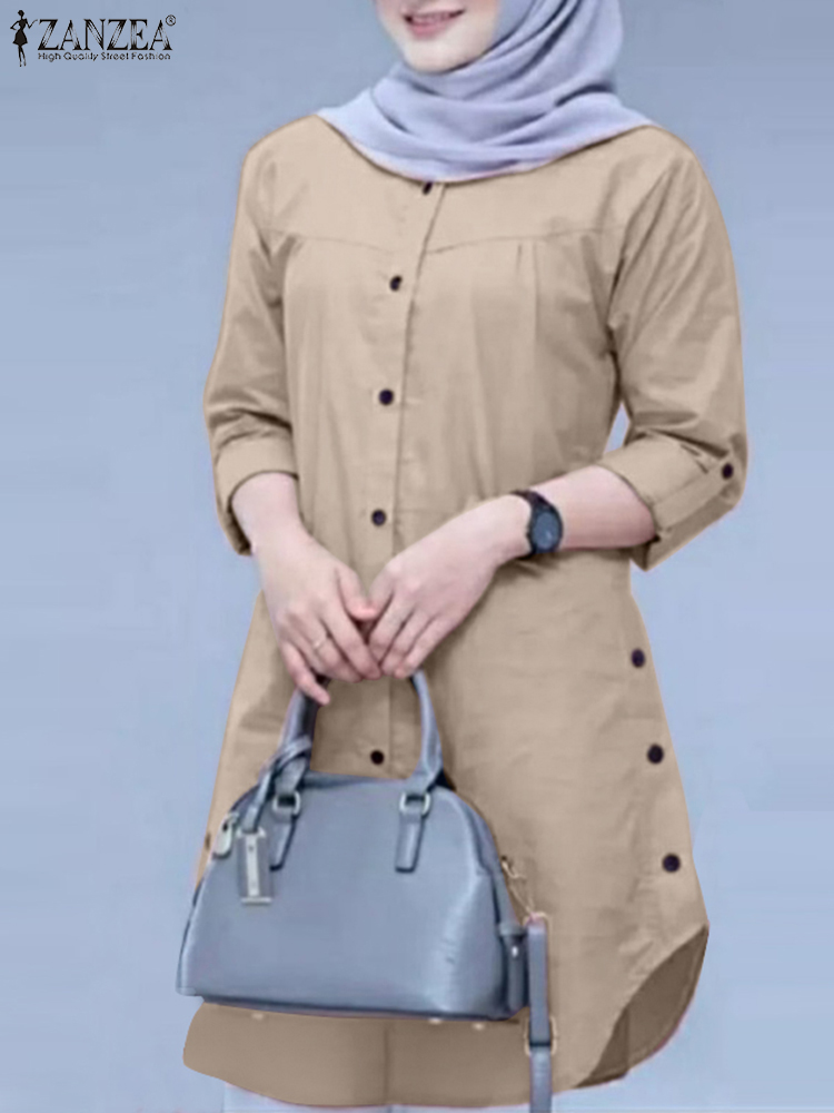 ZANZEA-Chemises à ourlet arrondi pour femmes, chemisier boutonné à col rond, manches longues, mode musulmane, décontracté, islamique, automne, 2024