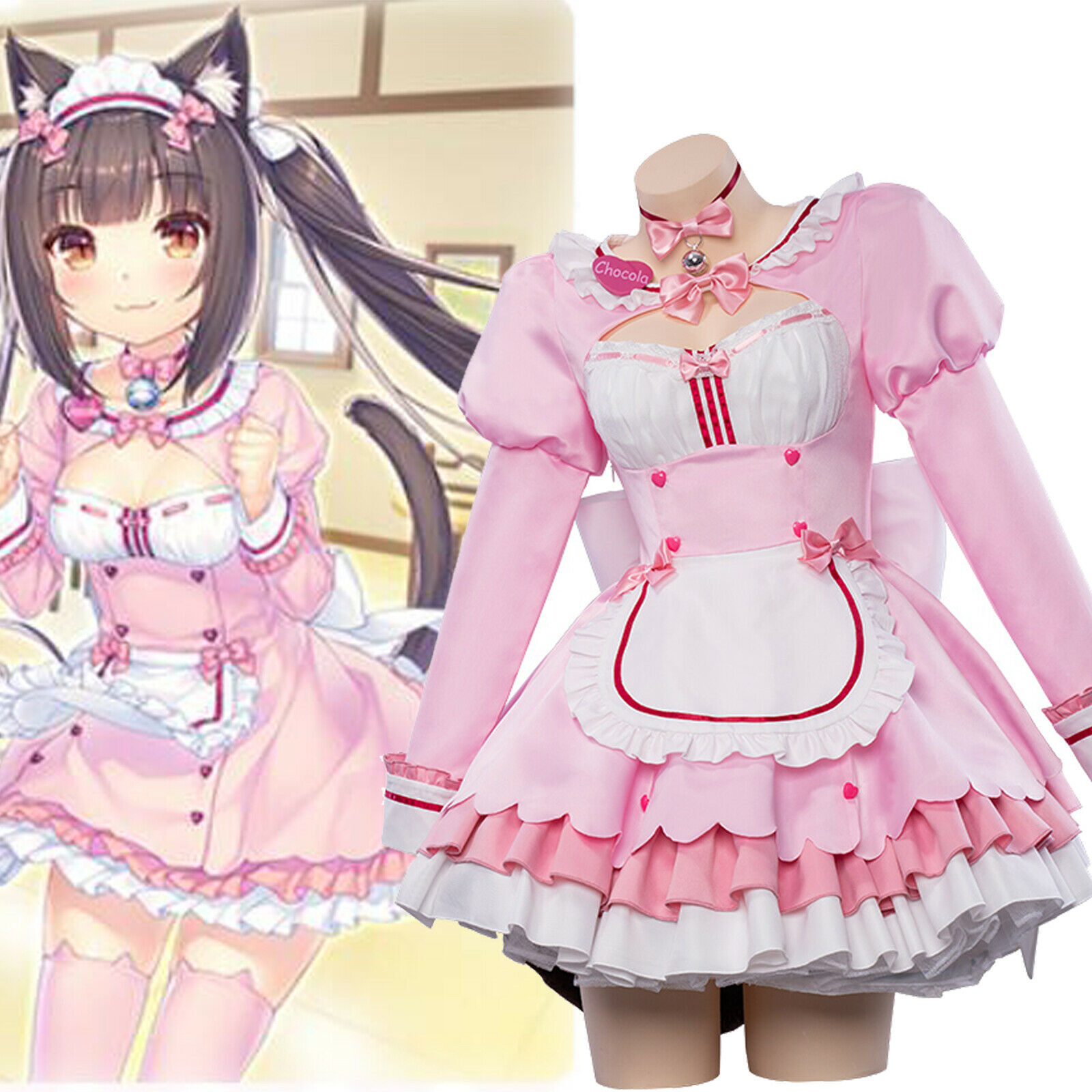 Costume de cosplay Chocola Nekopara, tenue de demoiselle d'honneur chat, costume de lolita rose et bleu, costumes d'Halloween