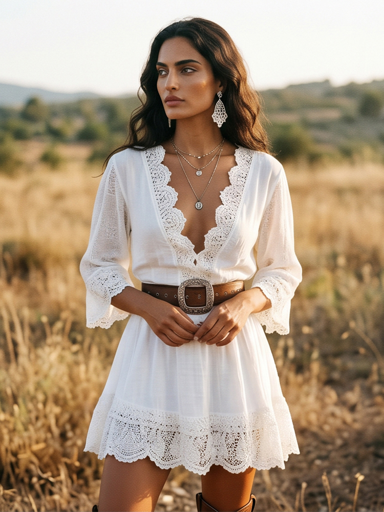 Nouvelle Robe Courte Élégante en Satin Imprimé pour Femme, Col en V, Manches Mi-longues, Taille Cintrée, Coupe Évasée, Idéale pour Soirées Estivales 2026