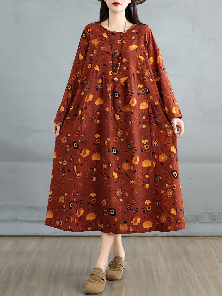 Robes en coton à imprimé floral vintage pour femmes, robe décontractée ample à manches longues, vêtements élégants pour femme, Vestidos, printemps automne 2026