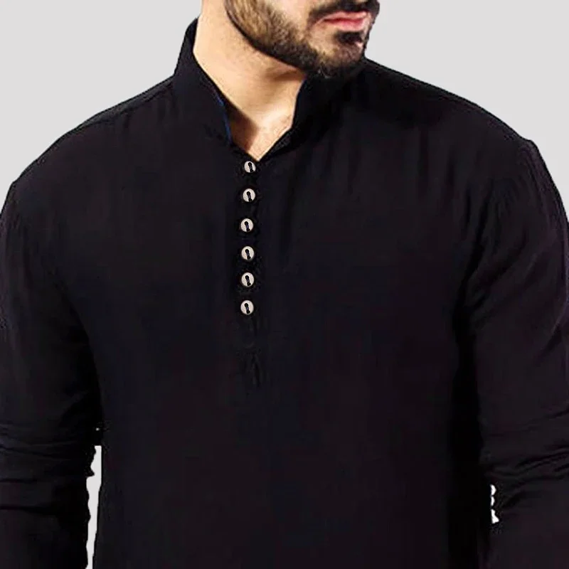 AgreLENMOS Chemise décontractée pour hommes musulmans Chemises à manches longues en coton col montant Vintage Long Y-Indian Vêtements pakistanais Ropa S-5XL