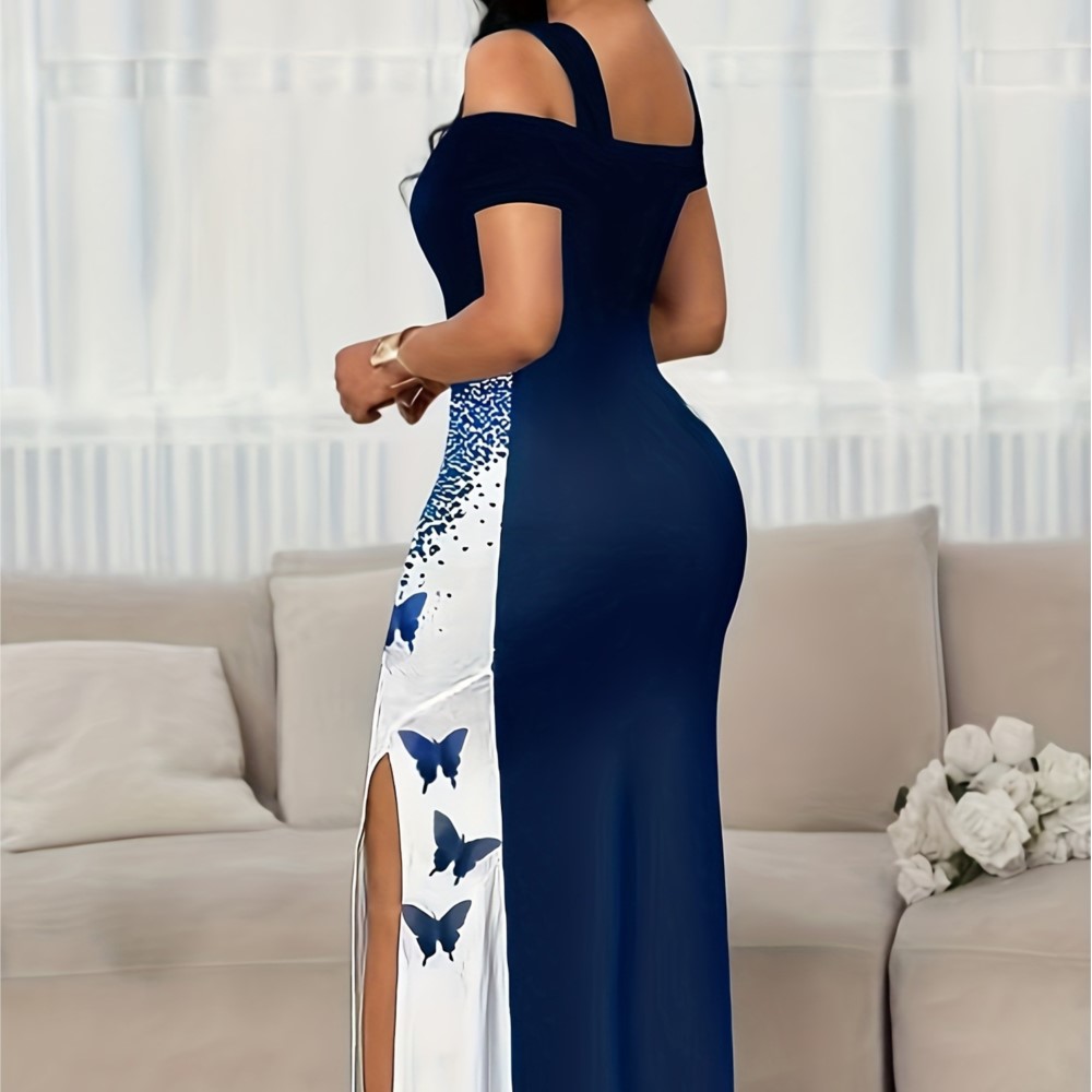 Robe longue d'été élégante et tendance, coupe ajustée, imprimée, style décontracté, col en V, épaules dénudées, fente, taille mi-haute, sans manches