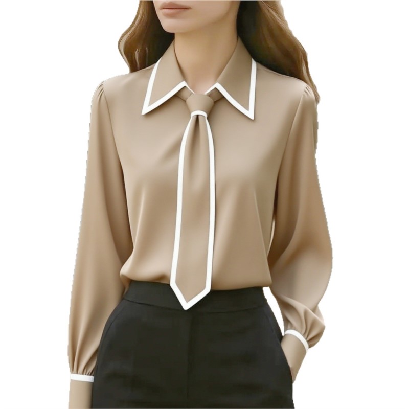 Chemisier pour femmes, chemise à la mode, nœud papillon formel, manches longues, garniture contrastée, vêtements de travail ajustés, chemises de bureau élégantes pour dames