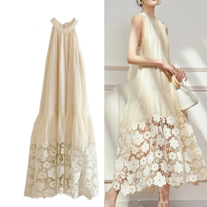 Robe d'été en dentelle brodée à fleurs, ajourée, décontractée, à lacets, robes de vacances, robe de plage