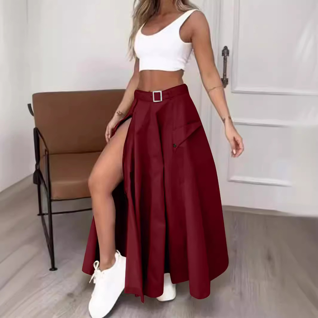 Jupes longues fendues irrégulières pour femmes, ceinture A-Line, monochromatique, décontracté, épissure, vêtements d'extérieur élégants, streetwear taille haute, automne