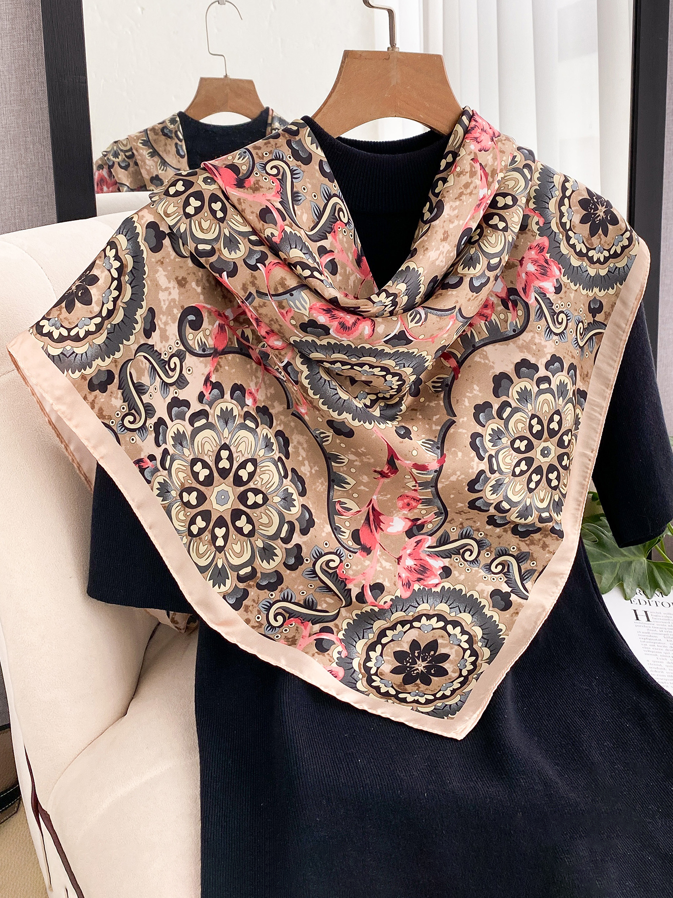 Écharpe en soie imitation rétro de style européen, imprimée, 90x90cm, carré, foulard pour femmes, châles, bandana, hijabs pour femmes