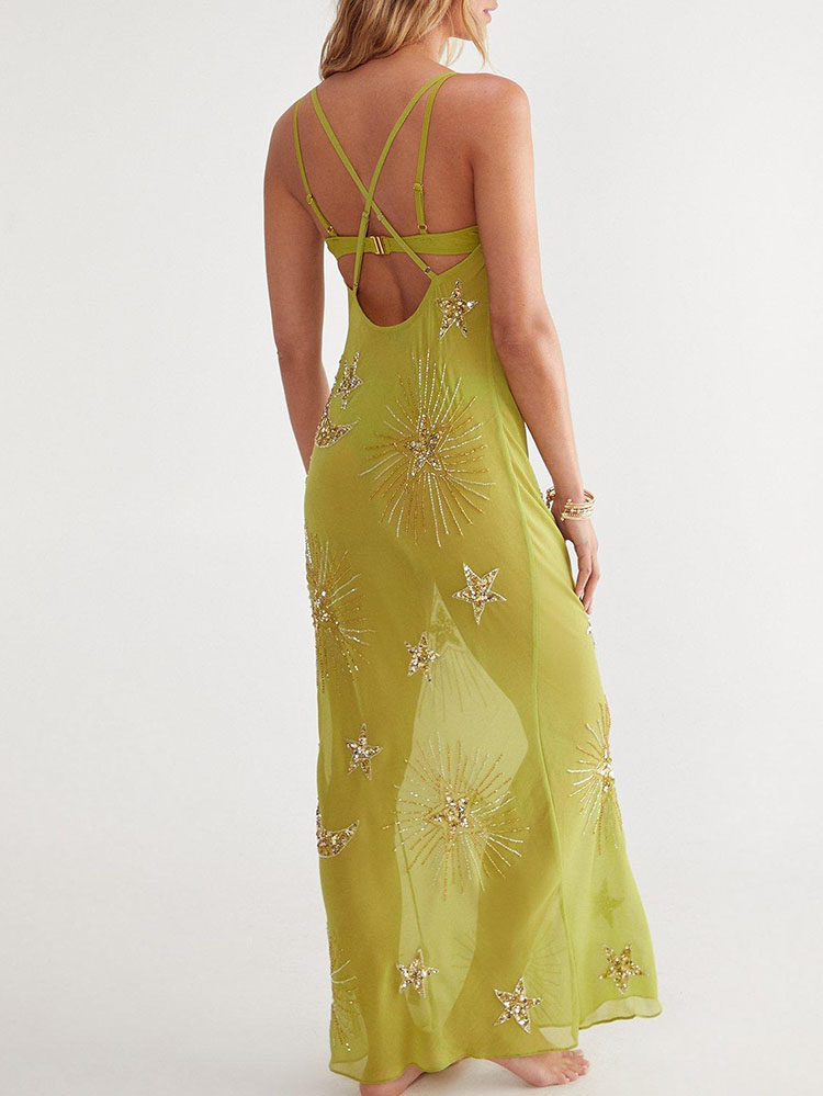Robe longue de plage pour femmes, col en v, dos nu, Slim, ligne a, Sexy, broderie de paillettes, Perspective, bretelles, été, 2025