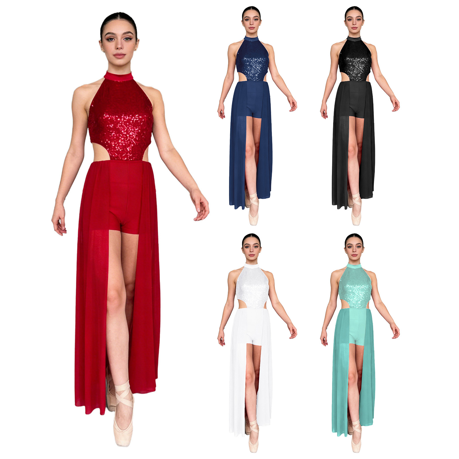 Robe de danse lyrique pour femmes, costumes de spectacle, robe une pièce à sequins et dos nu, tenue de danse pour la danse moderne, soirée de bal
